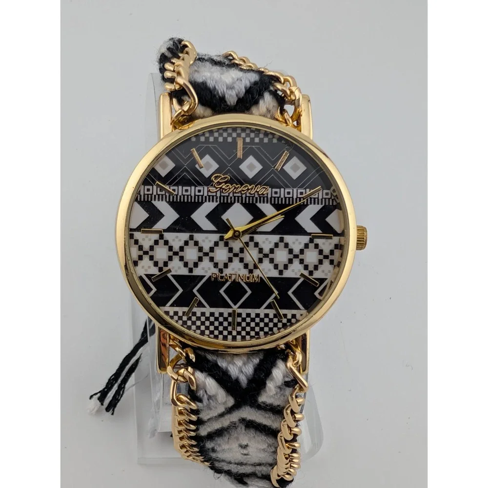 Geneva Boho Style Watch 38mm Gold Case Black/White Fabric Band- New Battery